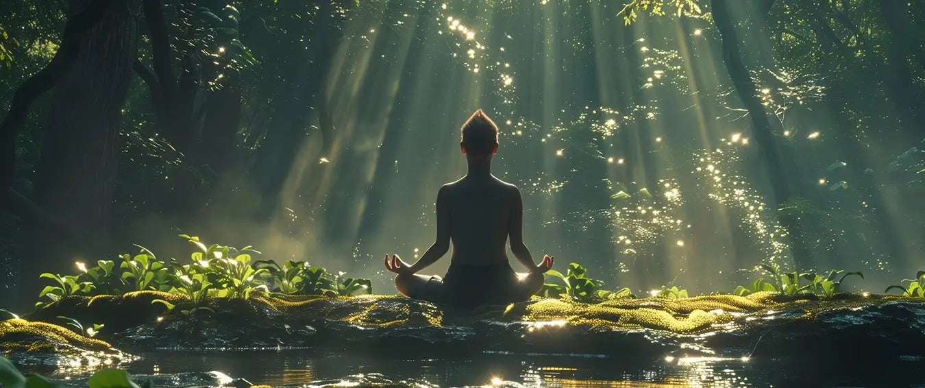 serene meditation by a creek in a forest