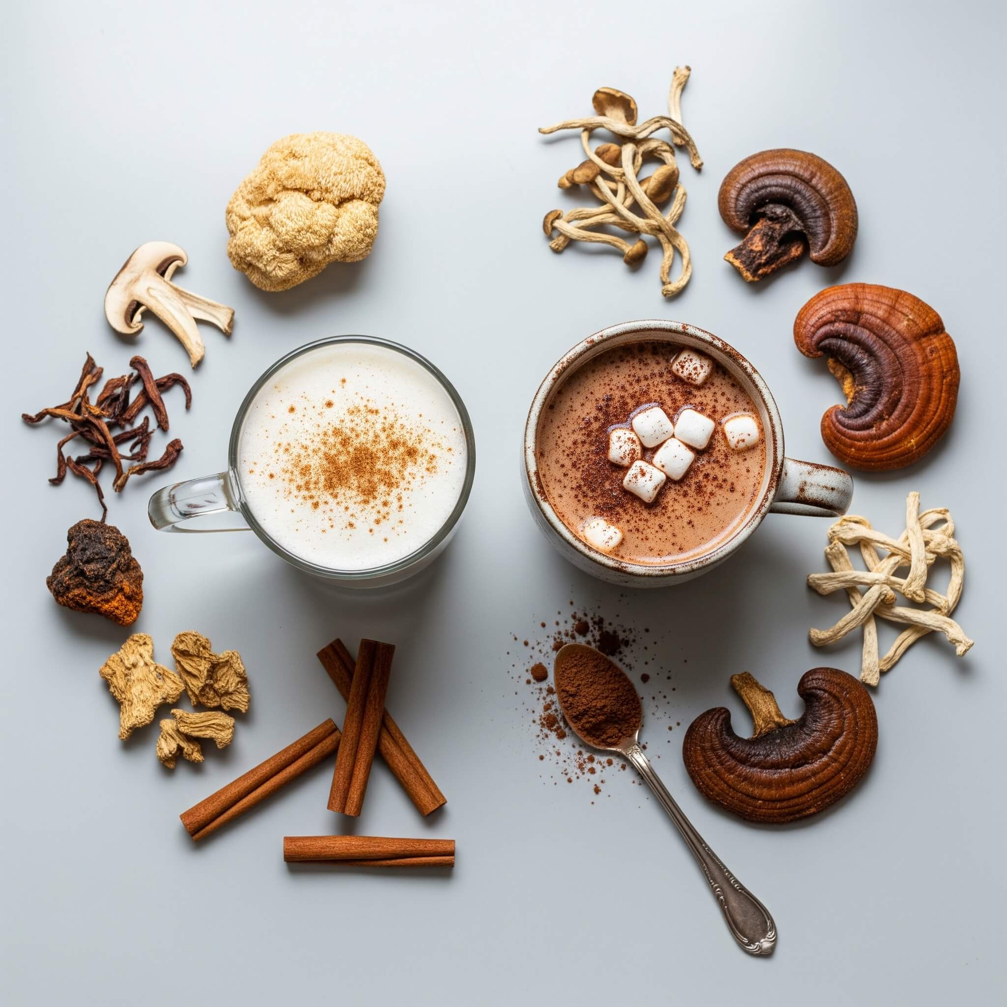 A flat lay of a functional mushroom latte and a mushroom hot cocoa, surrounded by a circle of their ingredients like dried Lion's Mane, Reishi, and Chaga mushrooms.