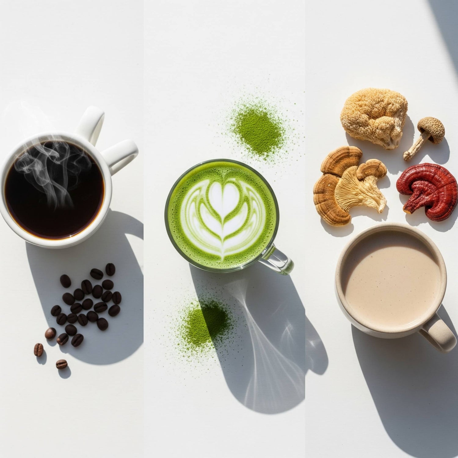 A flat lay of three morning beverages—coffee, matcha, and a mushroom drink—arranged on a white background with their key ingredients like coffee beans, matcha powder, and dried mushrooms.