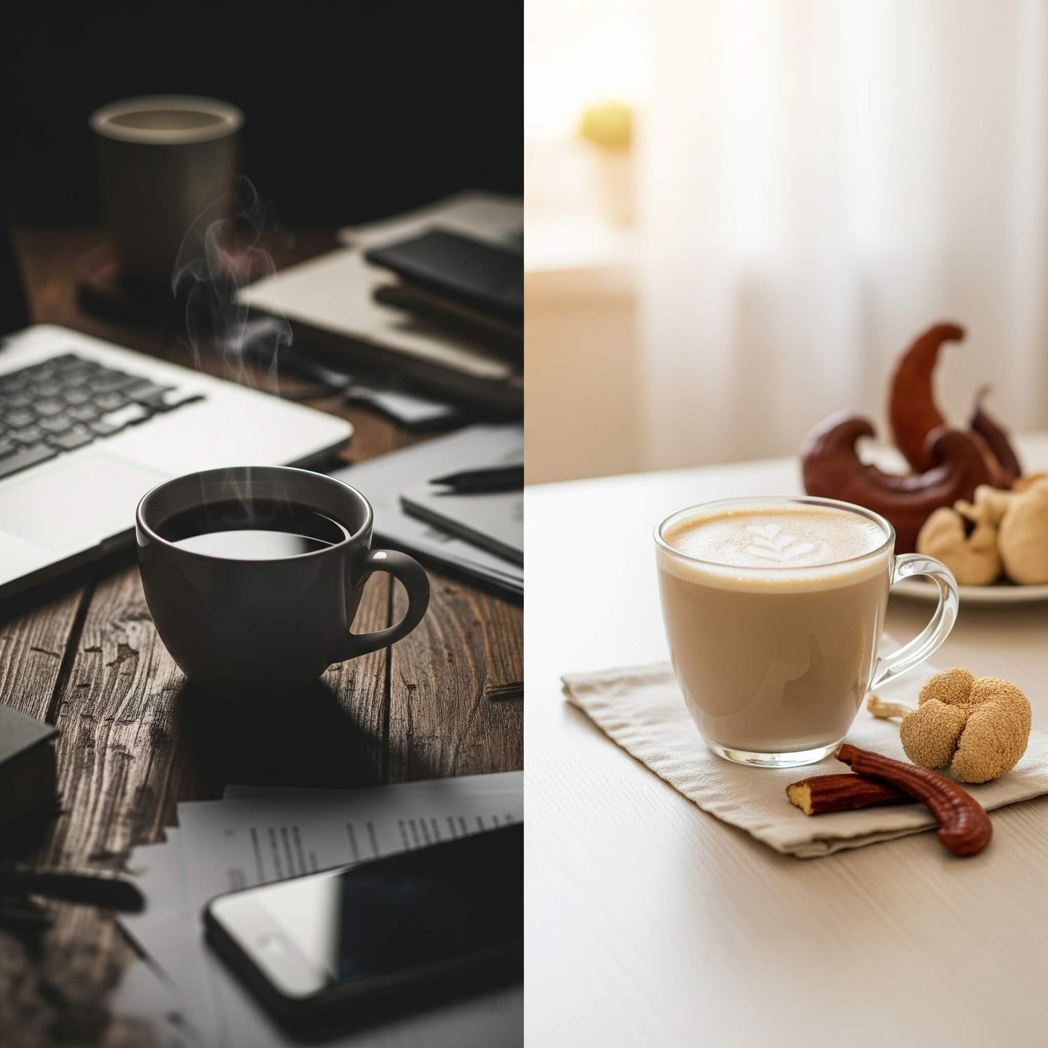 A split image contrasting a dark, busy desk with a cup of coffee on one side, and a bright, calm setting with a functional mushroom latte on the other.