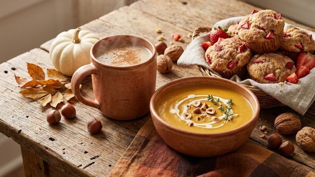 Rustic wooden table set with a steaming chai latte, a bowl of creamy pumpkin soup topped with hazelnuts, and a basket of strawberry muffins