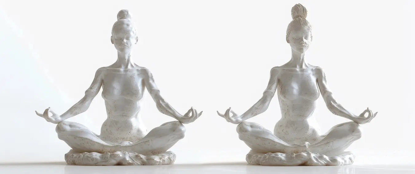 white meditating statues in a white setting