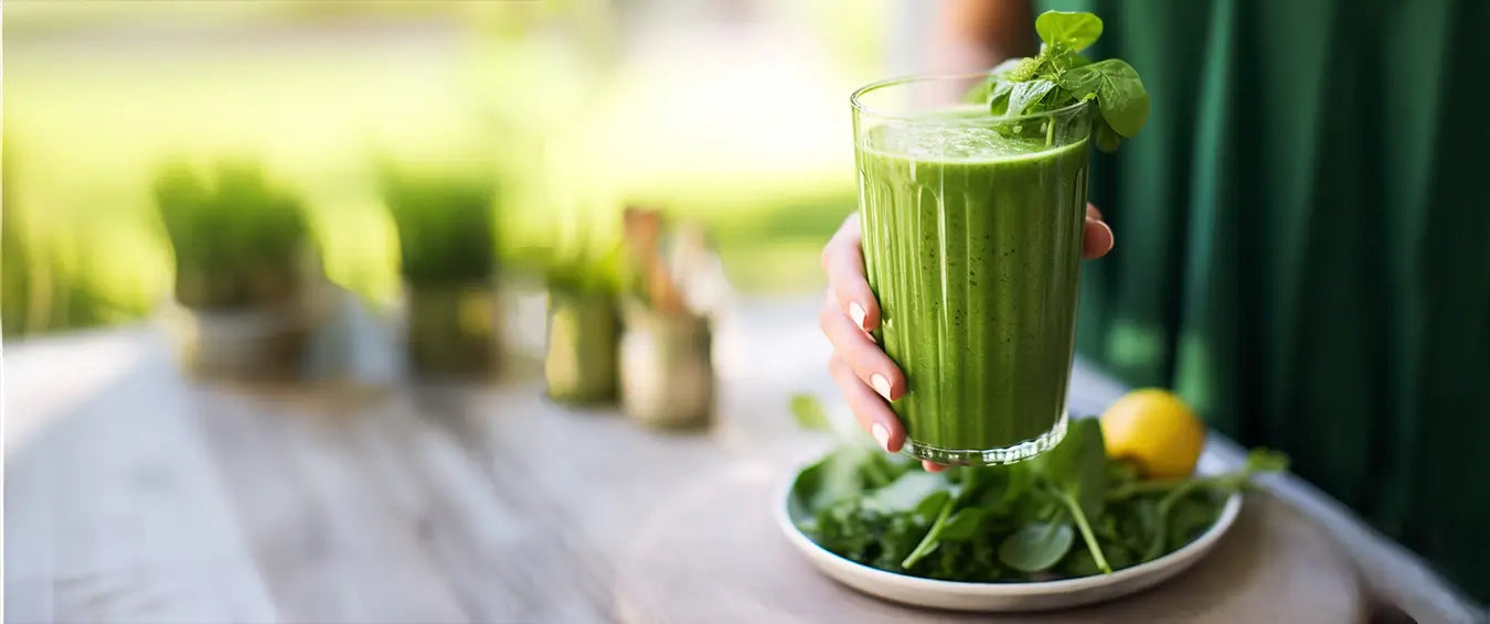 woman holding a green smoothie over a plate of greens