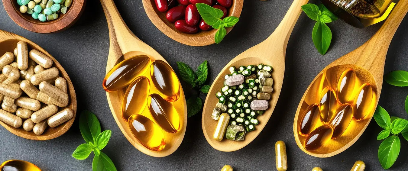 a variety of supplements in wooden spoons