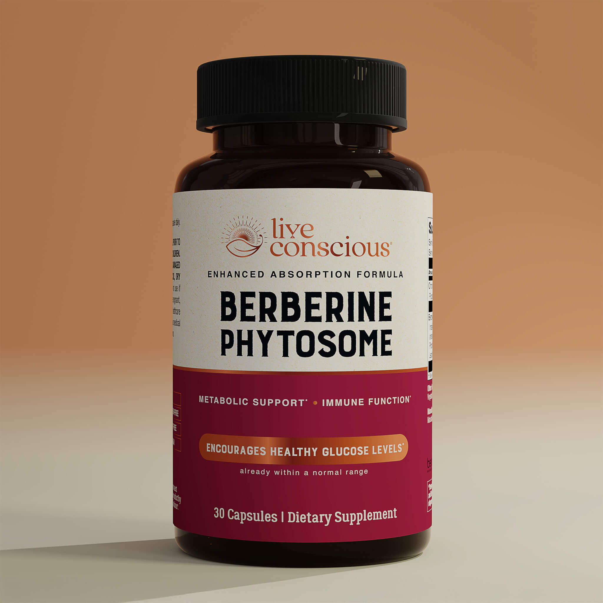 Live Conscious Berberine Phytosome supplement bottle with black cap, 30 capsules, enhanced absorption formula for metabolic