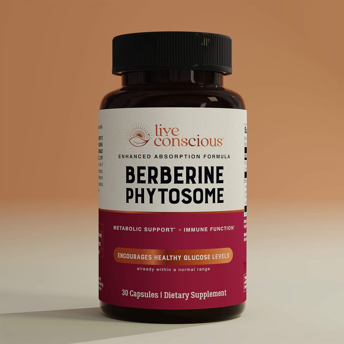 Live Conscious Berberine Phytosome supplement bottle with black cap, 30 capsules, enhanced absorption formula for metabolic