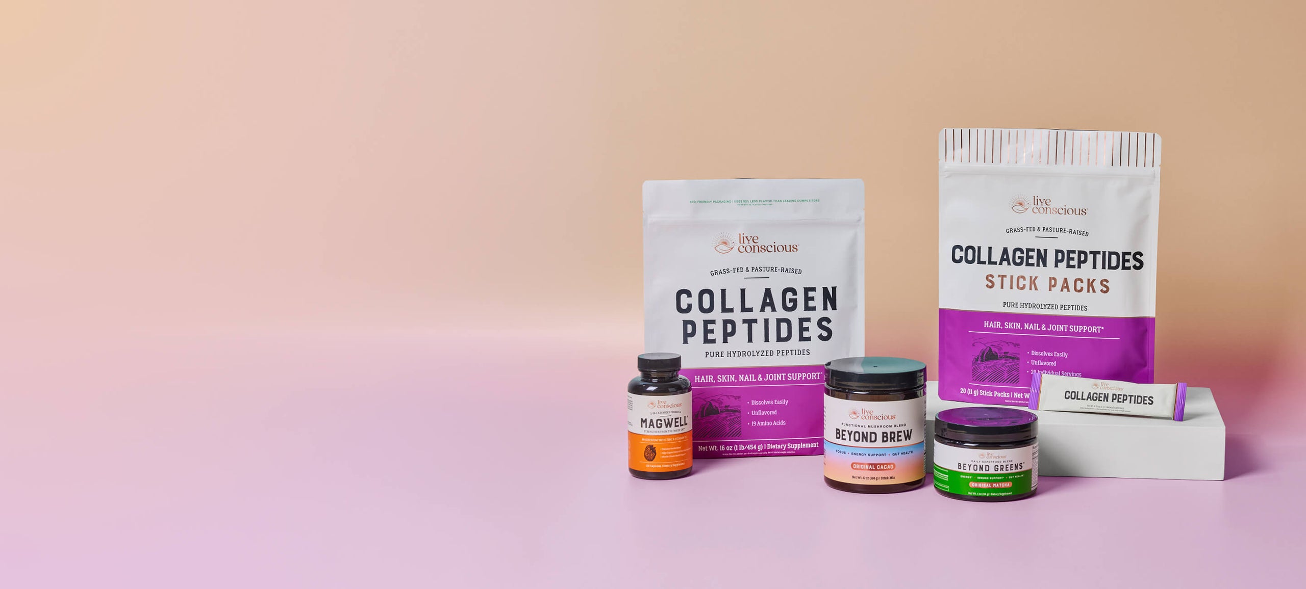 A set of Collagen Peptides products from Live Conscious, including a large stick pack, a bag of powder, and three supplement bottles, arranged on a pink and peach gradient background.