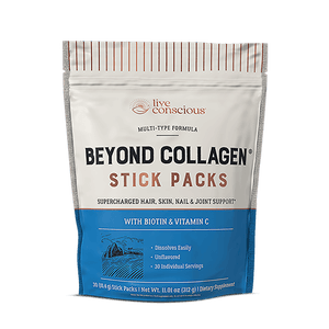 Beyond Collagen Stick Packs pouch with blue lower half, showing multi-step formula for hair, skin, nails and joint support