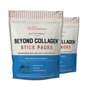Beyond Collagen Stick Packs by Live Conscious, multi-type formula with biotin and vitamin C, displayed in white and blue