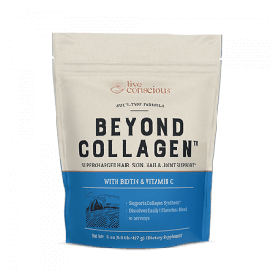 Beyond Collagen powder pouch by Live Conscious with biotin and vitamin C for hair, skin, nails and joint support