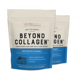 Beyond Collagen powder supplement bags with biotin and vitamin C by Live Conscious
