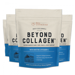 Beyond Collagen powder pouches with biotin and vitamin C, three cream and blue bags displayed front and side view