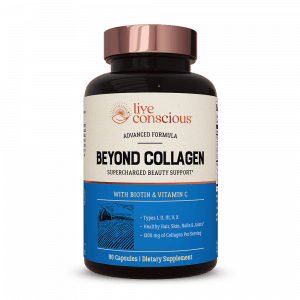 Beyond Collagen Capsules bottle with copper cap, Live Conscious branding, blue label highlighting biotin and vitamin C, 90