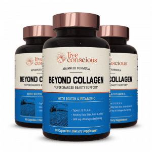 Three bottles of Live Conscious Beyond Collagen Capsules with copper cap and black label