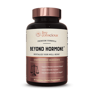Beyond Hormone premium formula dietary supplement bottle with dark capsules, Live Conscious brand