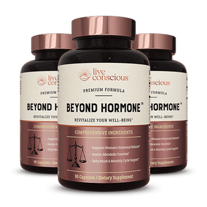 Three Beyond Hormone™ supplement bottles with copper-rose lids, labeled 