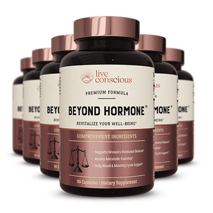 Beyond Hormone supplement bottles arranged in a pyramid display, featuring dark glass containers with copper-colored caps