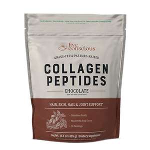 Live Conscious Collagen Peptides Chocolate powder in resealable pouch with product information and benefits listed