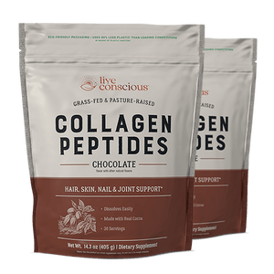 Live Conscious Collagen Peptides Chocolate powder in resealable pouches with hair, skin, nail and joint support claims