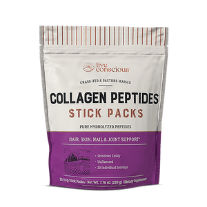 Live Conscious Collagen Peptides Stick Packs pouch with purple label showing pure hydrolyzed peptides