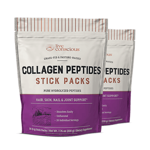 Live Conscious Collagen Peptides Stick Packs with resealable pouches and individual sachets, grass-fed and natural vanilla