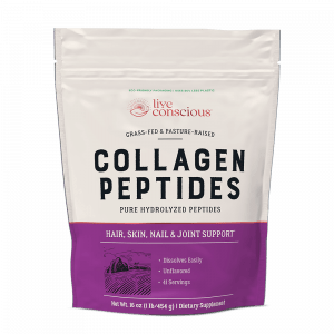 Live Conscious Collagen Peptides powder in white and purple pouch with hair, skin, nails and joint support claims