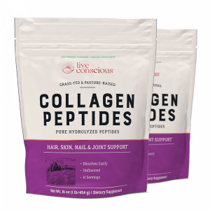 Live Conscious Collagen Peptides powder pouch with purple label showing hair, skin, nail and joint support benefits