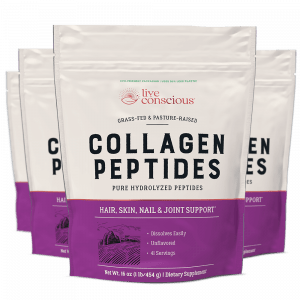 Live Conscious Collagen Peptides powder in white and purple pouches, hair skin nails and joint support formula