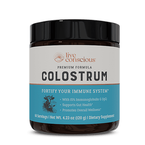 Live Conscious Colostrum powder supplement jar with blue label, 4.23 oz container