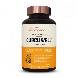 Live Conscious CurcuWell™ supplement bottle with copper-colored cap and orange label, 60 capsules