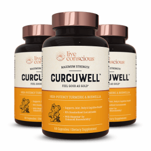 Three bottles of Live Conscious CurcuWell turmeric supplement with copper caps and orange labels featuring turmeric root