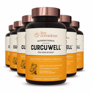 CurcuWell supplement bottles by Live Conscious arranged in a group display with gold and black labeling