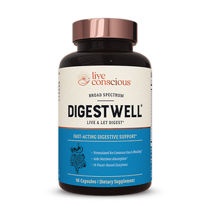 DigestWell capsule bottle by Live Conscious with copper-colored cap and blue label highlighting digestive support benefits