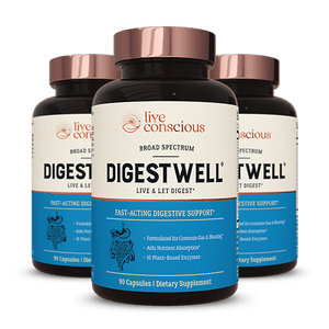 DigestWell three-bottle set with copper and black labels showing digestive supplement capsules