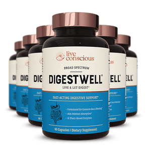 DigestWell digestive supplement bottles arranged in a fan formation with copper caps and blue labels