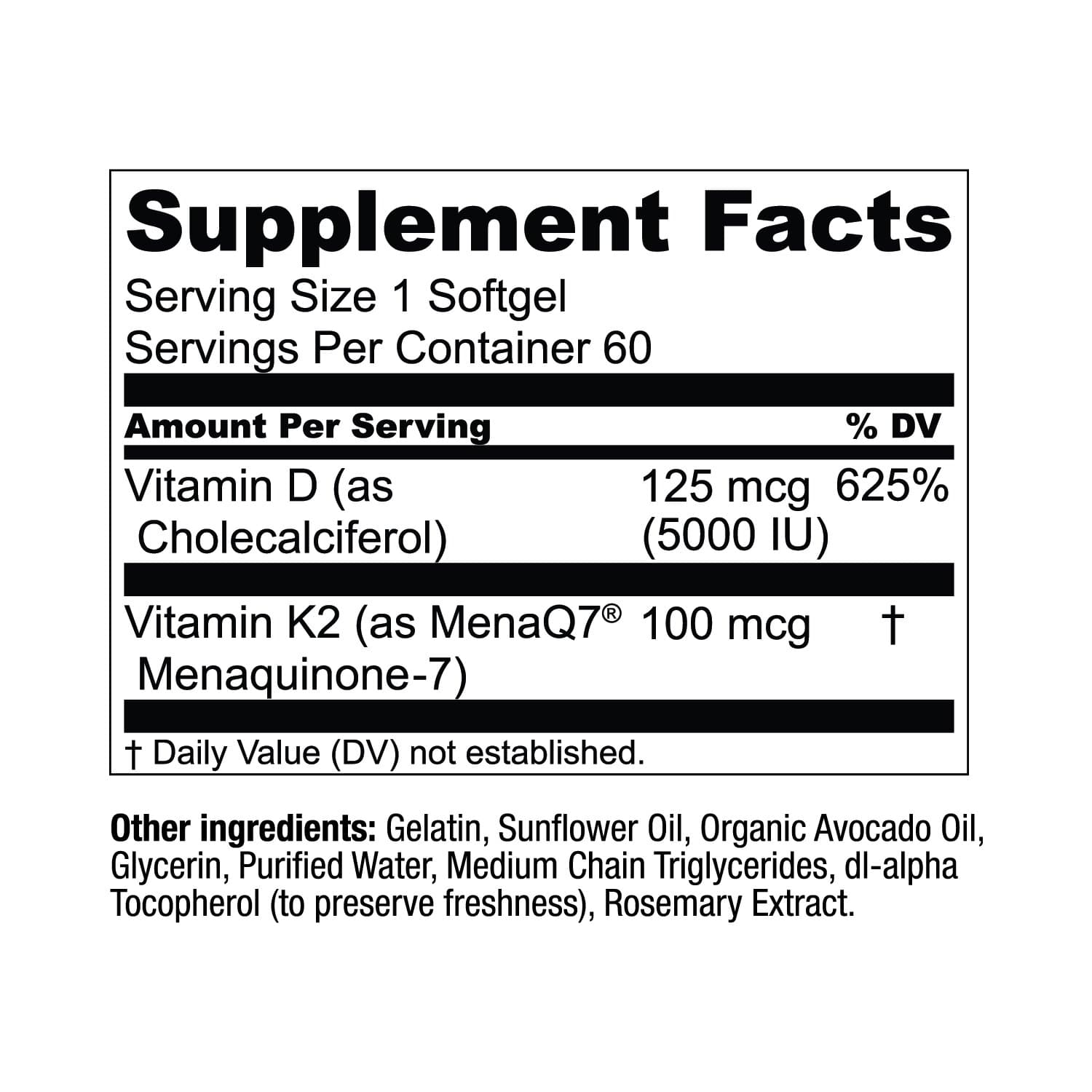 Supplement facts label with vitamin D and K2 content on a white background