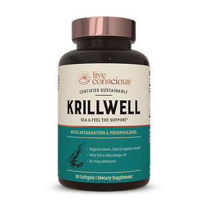 Live Conscious KrillWell bottle with rose gold cap, 90 softgels with astaxanthin and phospholipids.