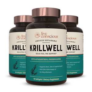KrillWell supplement bottles with teal labels displaying sea and krill imagery, arranged in a three-bottle display with rose