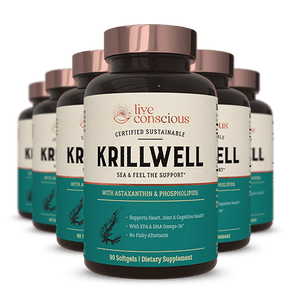KrillWell supplement bottles arranged in pyramid formation with copper caps and teal labels