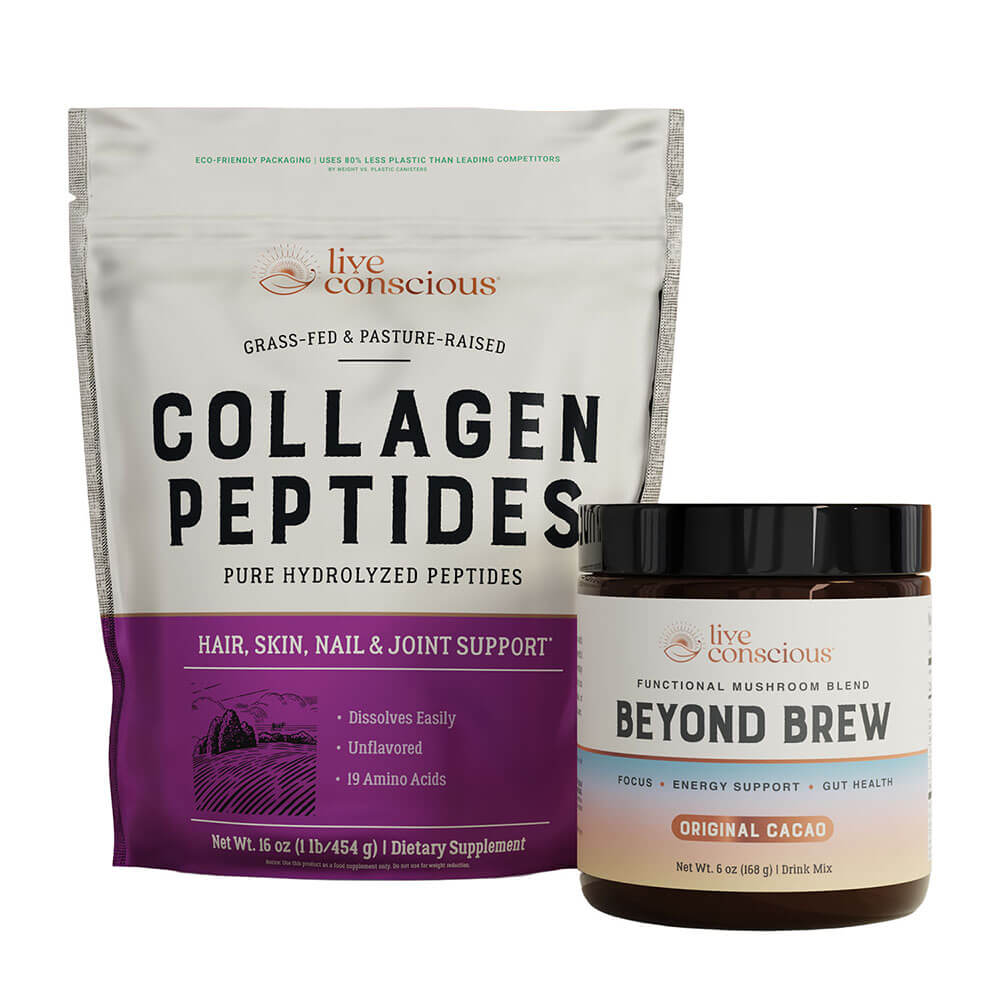 Live Conscious Morning Ritual Bundle containing Collagen Peptides pouch and Beyond Brew mushroom blend jar
