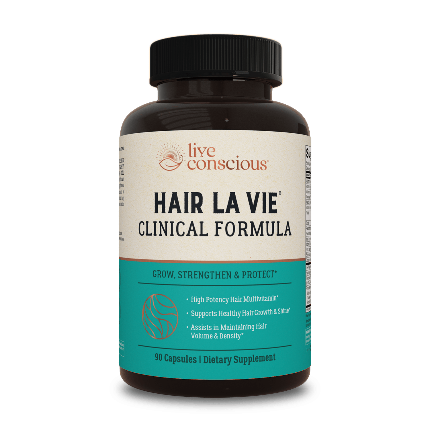 Hair La Vie® Clinical Formula dietary supplement bottle with black cap, 90 capsules, by Live Conscious