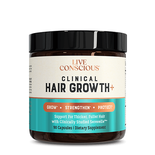 Live Conscious Clinical Hair Growth+ amber glass jar with black lid and turquoise label, 90 capsules dietary supplement