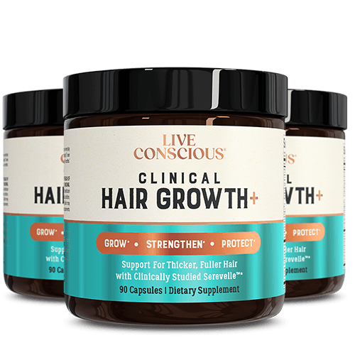 Live Conscious Clinical Hair Growth+ supplement bottle with black lid, displaying grow, strengthen, and protect claims on
