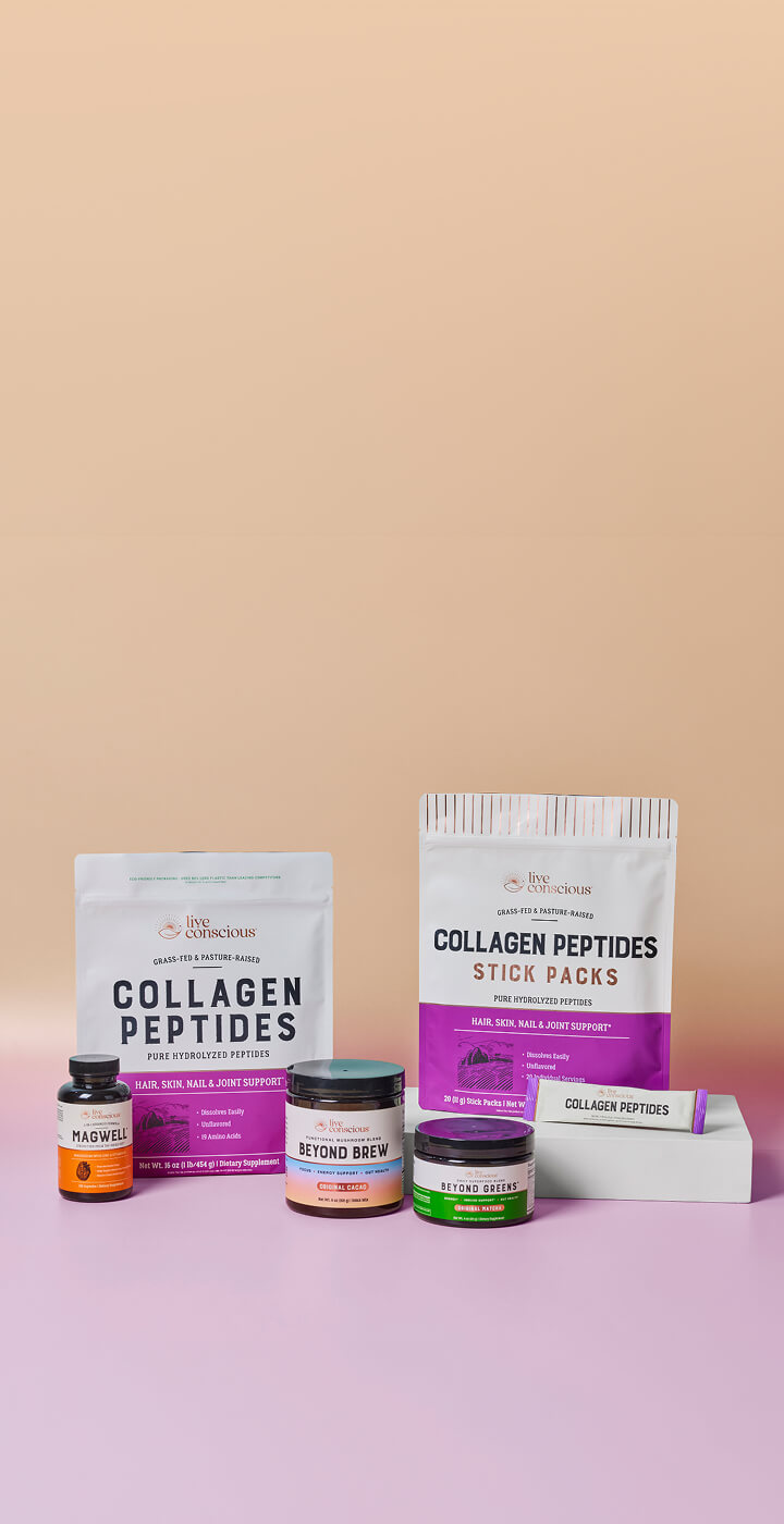 A product lineup of Live Conscious wellness items, including Collagen Peptides powder, a stick pack, and three supplement jars, arranged on a pink surface against a beige background.