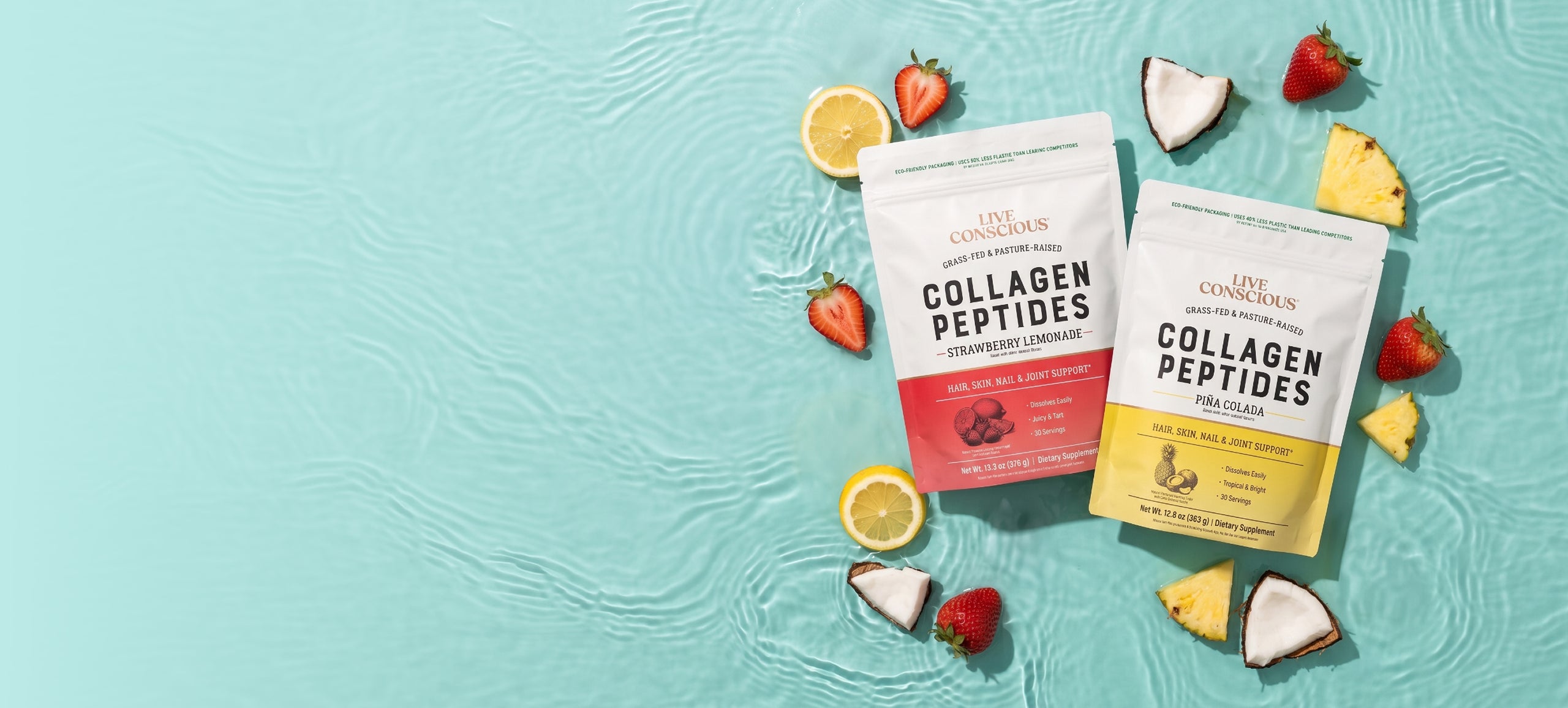 Two stand-up pouches of Collagen Peptides from Live Conscious are arranged on a turquoise water surface with decorative fruit and coconut pieces around them. The left pouch is strawberry flavored and red-toned, and the right pouch is chicken flavored with a yellow lower section.