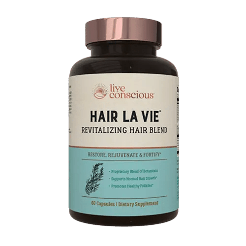 Live Conscious Hair La Vie Revitalizing Hair Blend dietary supplement bottle with copper cap, 60 capsules