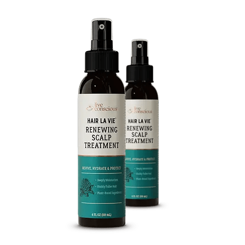 Hair La Vie Renewing Scalp Treatment spray bottles in two sizes with teal and white labels