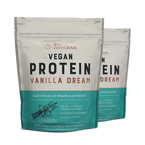 Live Conscious Vegan Protein Vanilla Dream powder pouches with teal label showing organic plant protein blend ingredients