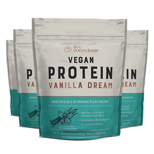 Live Conscious Vegan Protein Vanilla Dream powder in resealable pouches with teal and white packaging