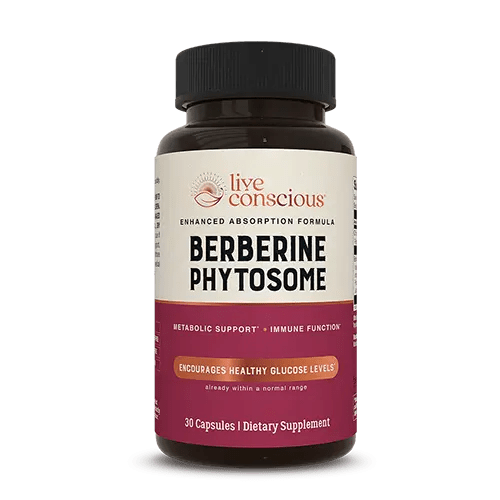 Live Conscious Berberine Phytosome supplement bottle with black cap, 30 capsules for metabolic support and immune function